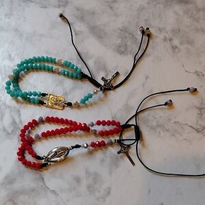 Handmade Beaded Adjustable Rosary Bracelet Set - Red and Teal